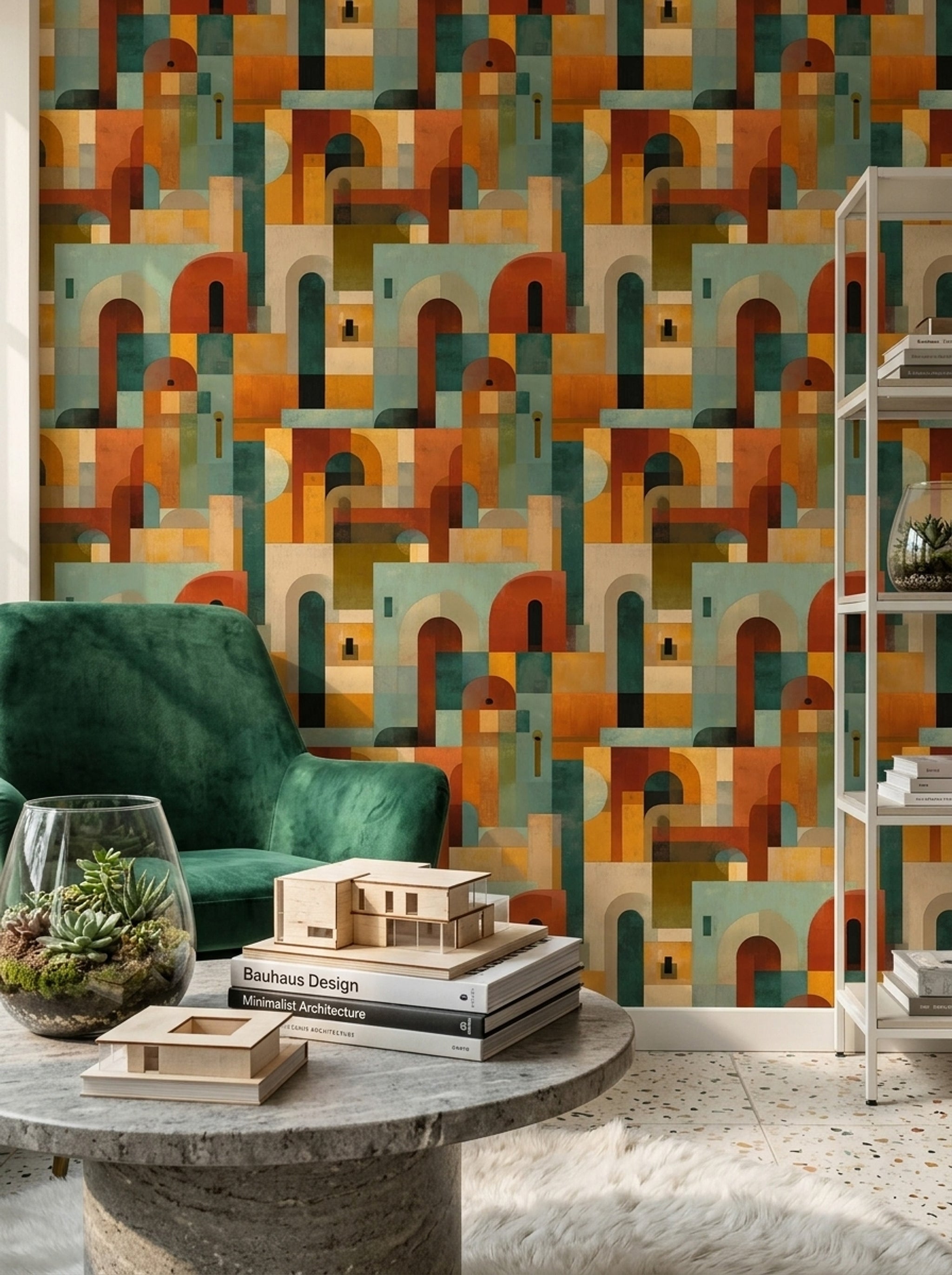 Geometrik Mimari Desenli Duvar Kağıdı Turuncu Yeşil Salon