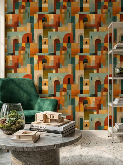 Geometrik Mimari Desenli Duvar Kağıdı Turuncu Yeşil Salon