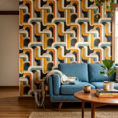 Retro Geometrik Duvar Kağıdı Sarı Lacivert Desenli Salon