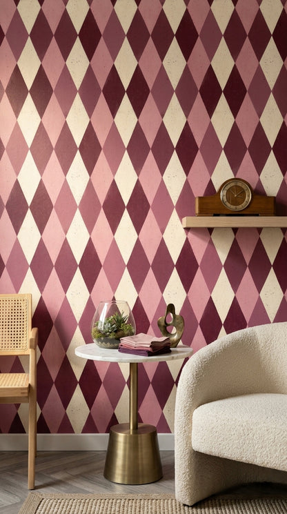 Baklava Desenli Duvar Kağıdı Bordo Pembe Geometrik Salon