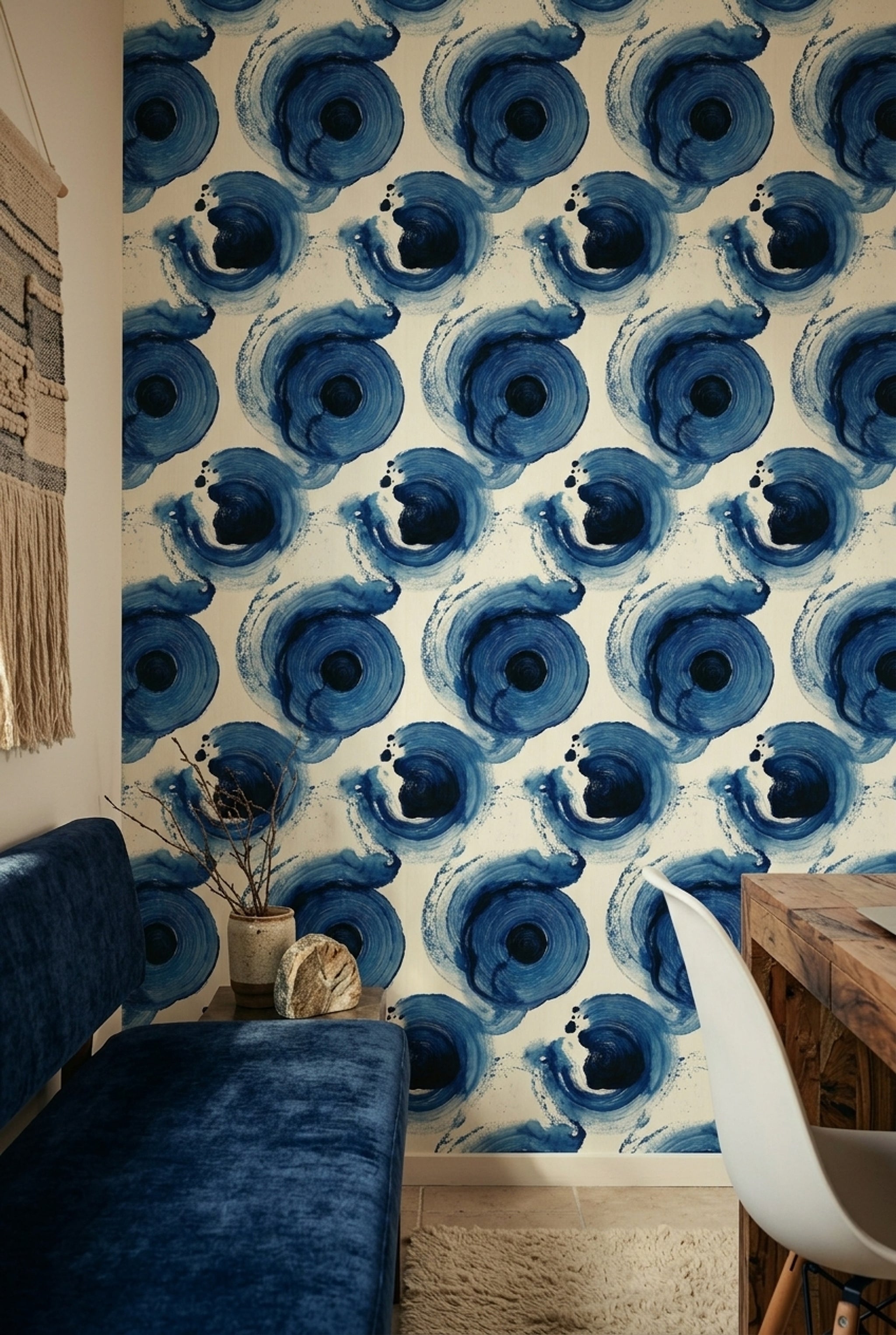 Soyut Mavi Daire Desenli Duvar Kağıdı Modern Salon