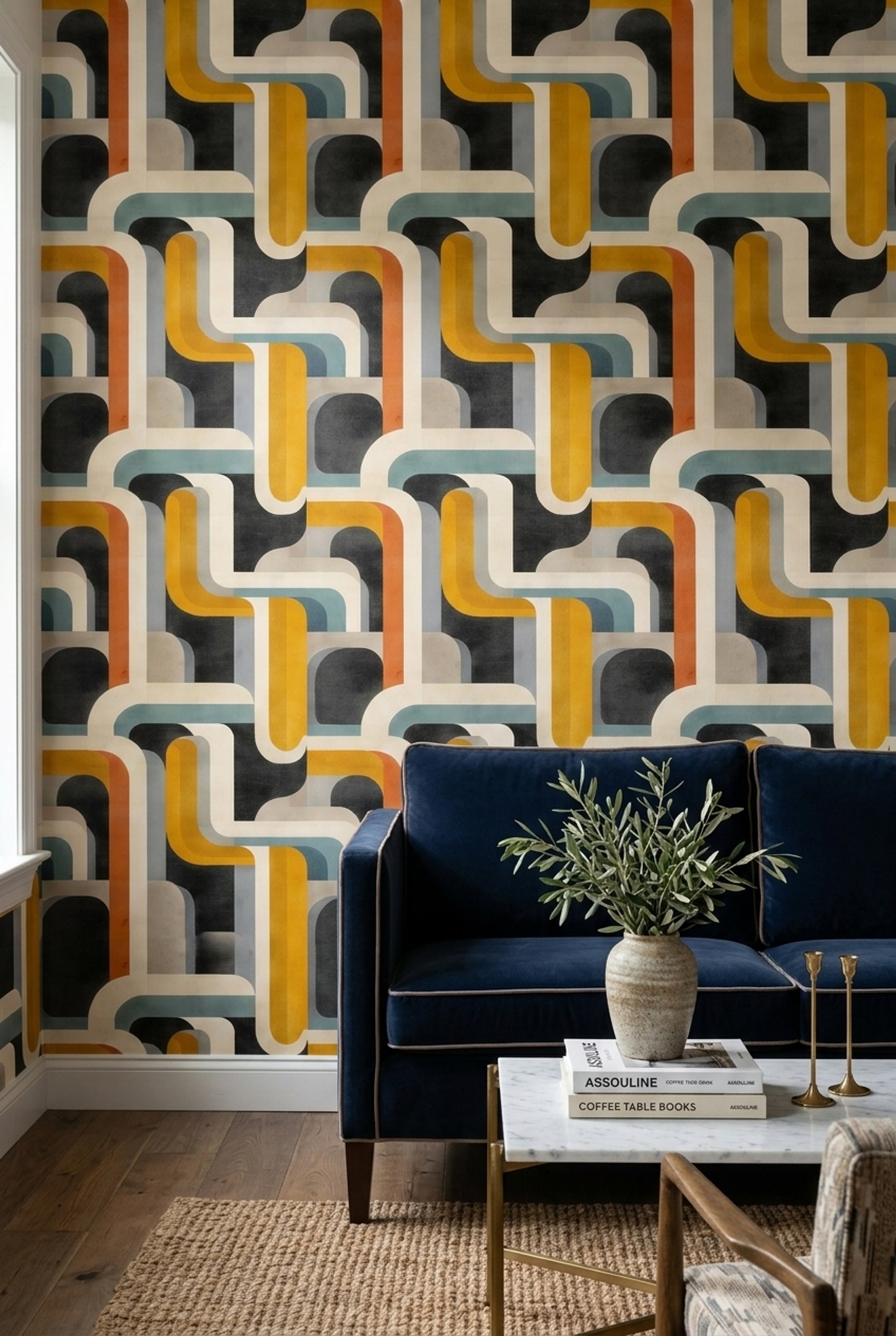 Retro Geometrik Duvar Kağıdı Sarı Lacivert Desenli Salon