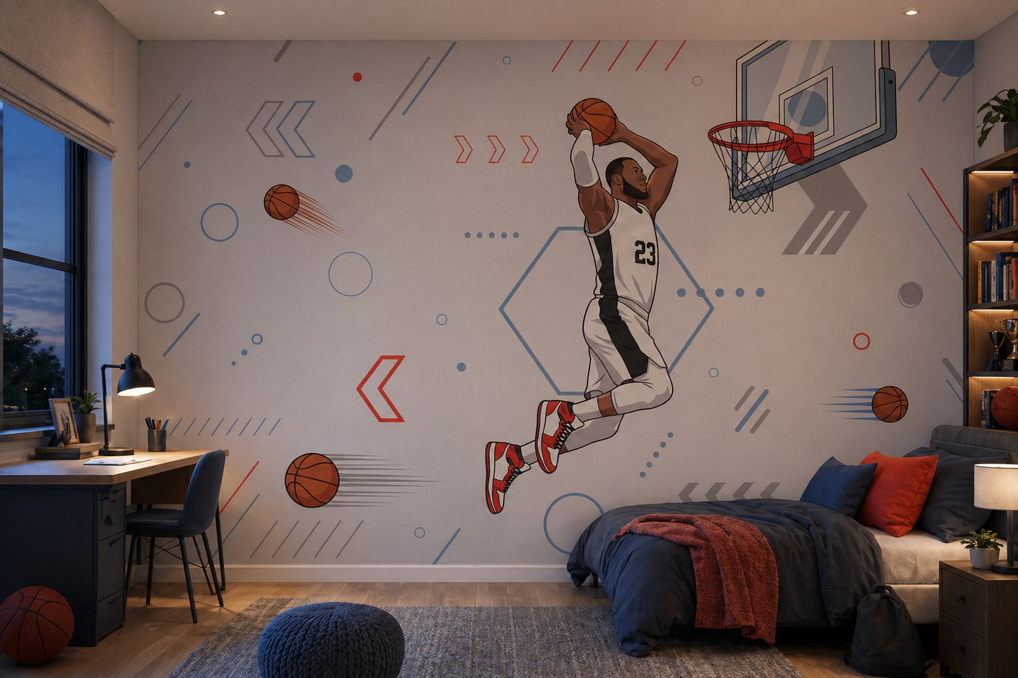 Basketbolcu Figürlü Poster Duvar Kağıdı Gri Mavi Genç Odası