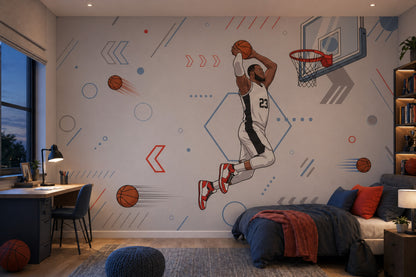 Basketbolcu Figürlü Poster Duvar Kağıdı Gri Mavi Genç Odası