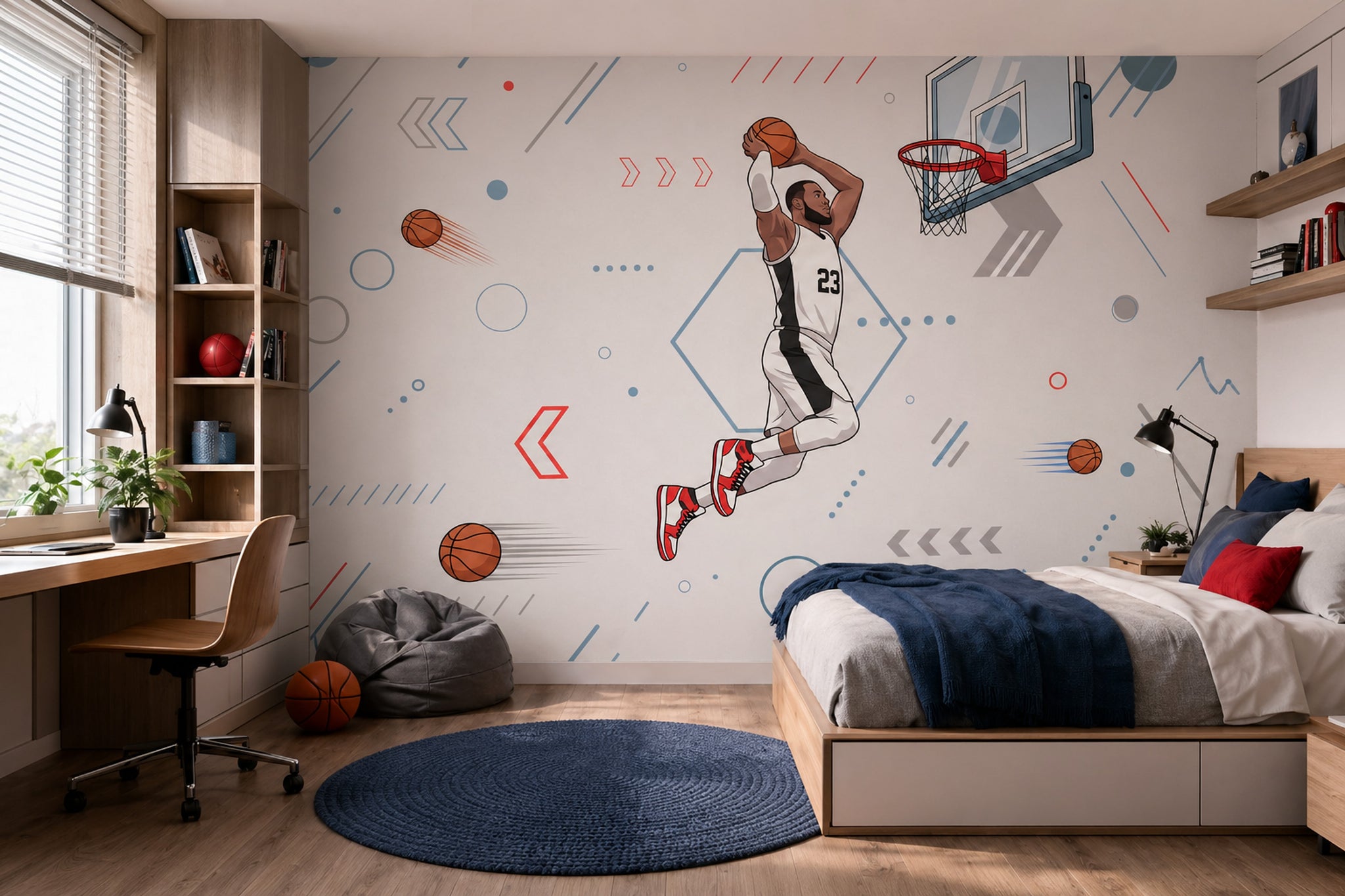 Basketbolcu Figürlü Poster Duvar Kağıdı Gri Mavi Genç Odası