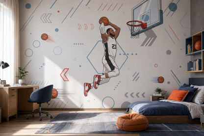 Basketbolcu Figürlü Poster Duvar Kağıdı Gri Mavi Genç Odası