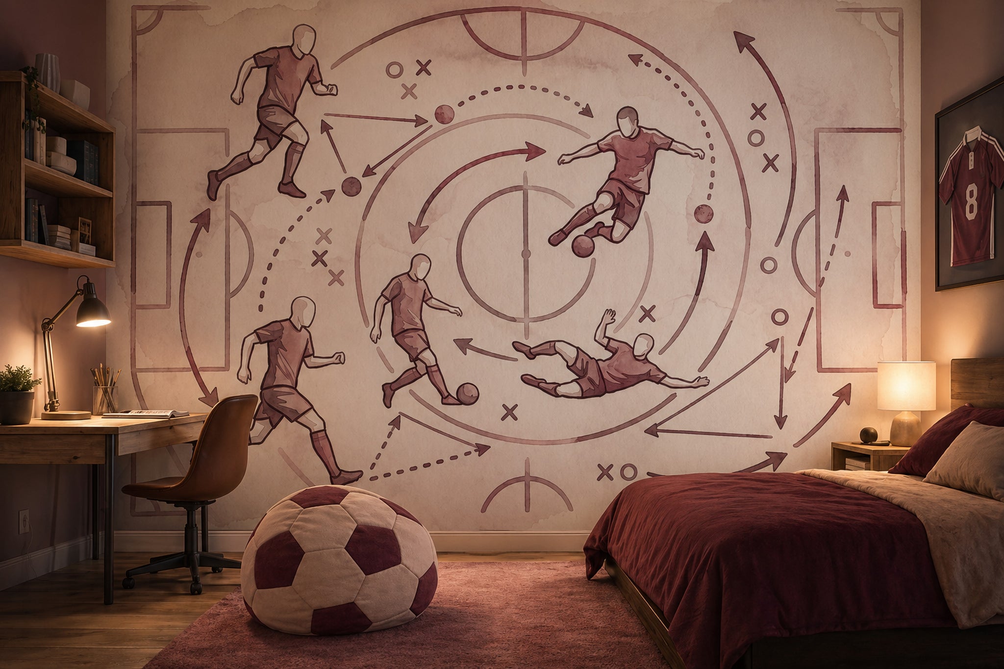 Futbol Taktik Çizimli Poster Duvar Kağıdı Bordo Genç Odası