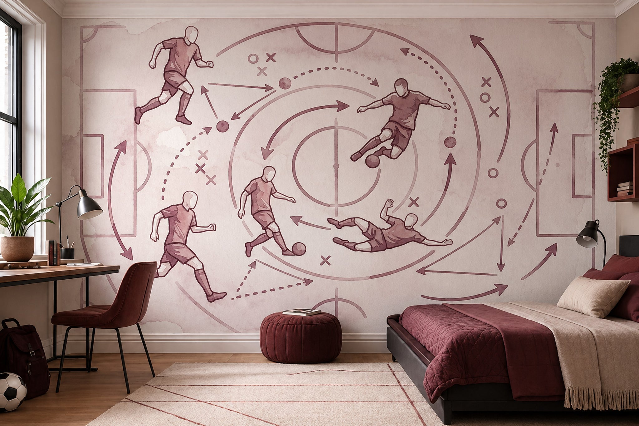 Futbol Taktik Çizimli Poster Duvar Kağıdı Bordo Genç Odası