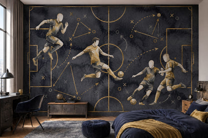 Futbol Taktik Çizimli Poster Duvar Kağıdı Lacivert Altın Genç Odası