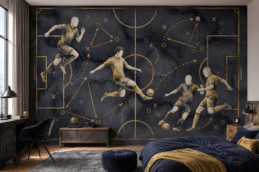 Futbol Taktik Çizimli Poster Duvar Kağıdı Lacivert Altın Genç Odası