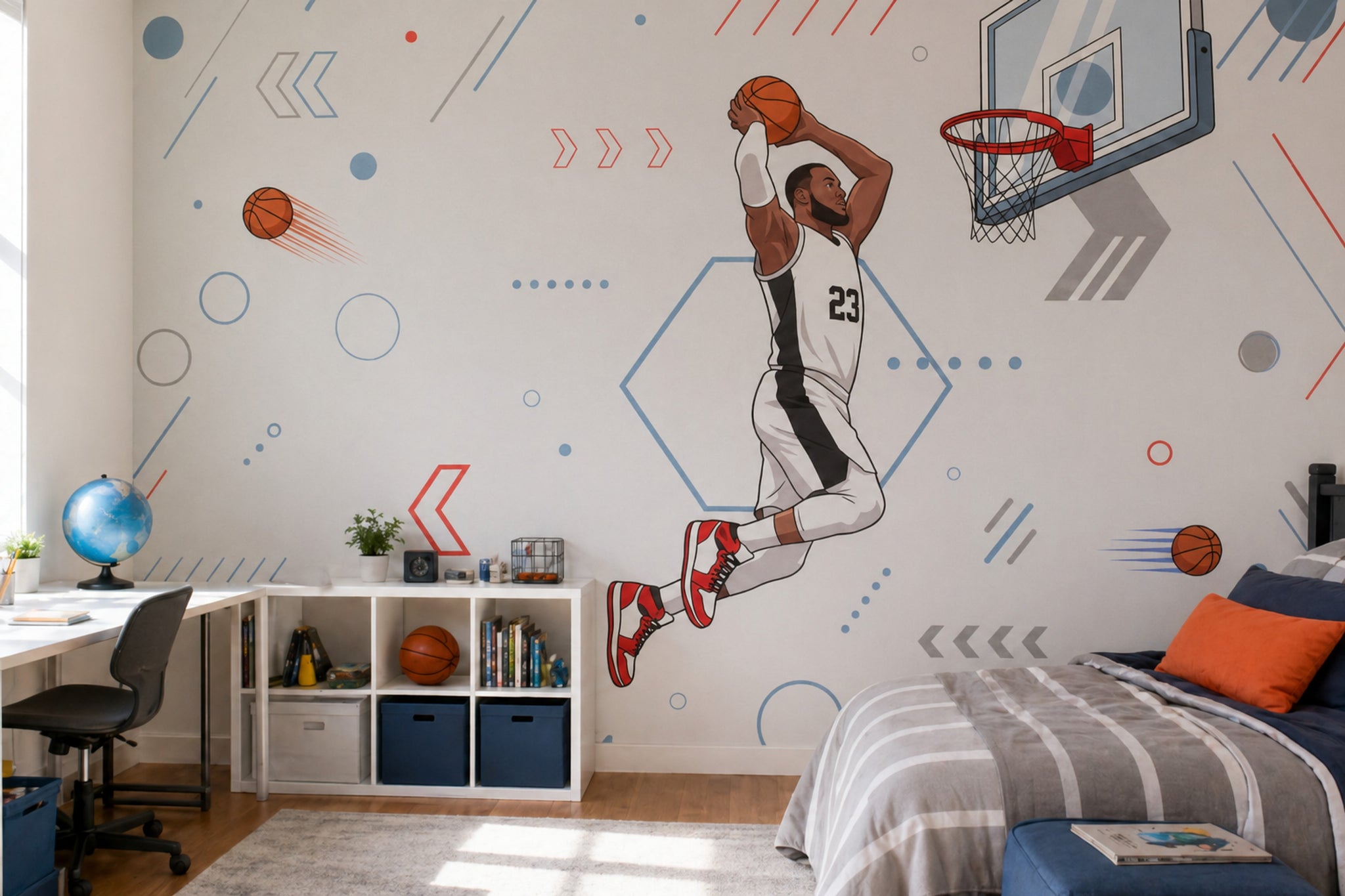 Basketbolcu Figürlü Poster Duvar Kağıdı Gri Mavi Genç Odası