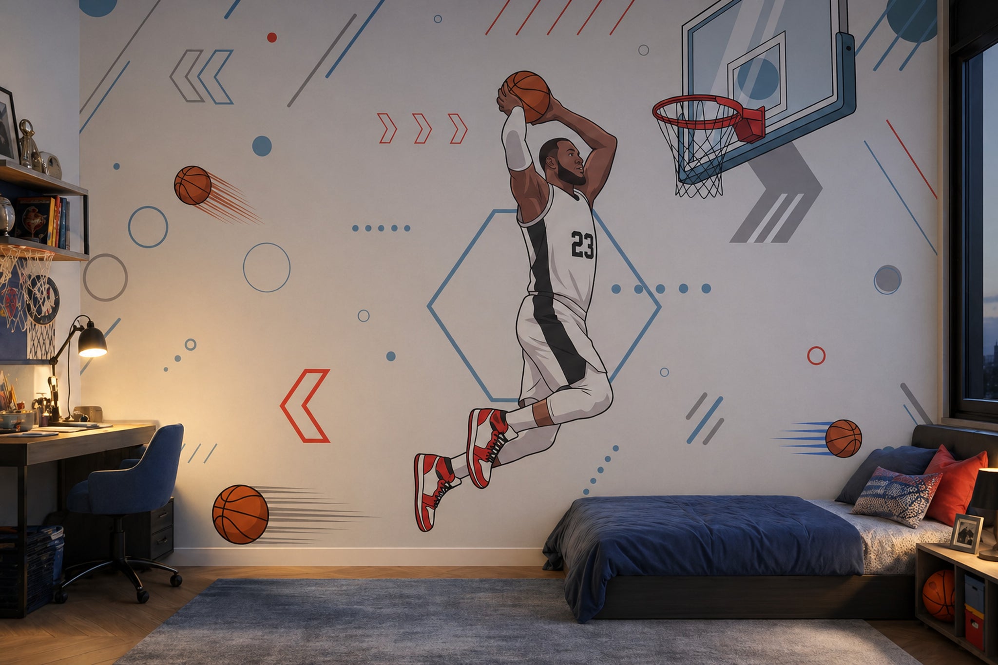 Basketbolcu Figürlü Poster Duvar Kağıdı Gri Mavi Genç Odası