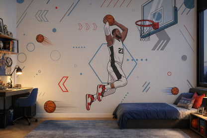Basketbolcu Figürlü Poster Duvar Kağıdı Gri Mavi Genç Odası