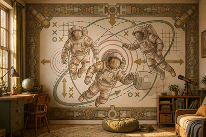 Astronotlu Uzay Temalı Poster Duvar Kağıdı Bej Çocuk Odası