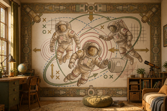 Astronotlu Uzay Temalı Poster Duvar Kağıdı Bej Çocuk Odası