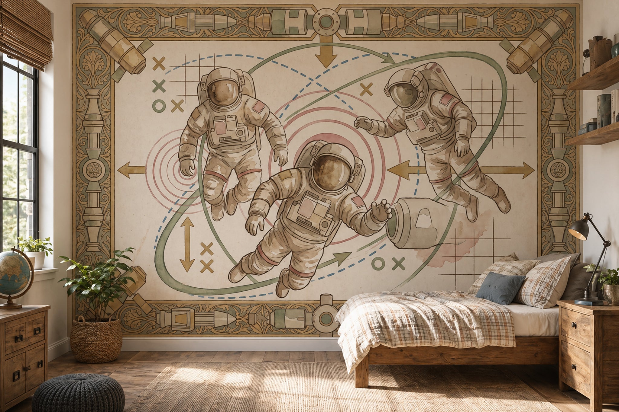 Astronotlu Uzay Temalı Poster Duvar Kağıdı Bej Çocuk Odası