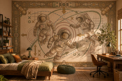 Astronotlu Uzay Temalı Poster Duvar Kağıdı Bej Çocuk Odası