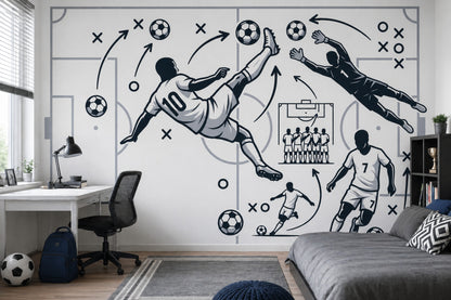 Futbol Taktik Çizimli Poster Duvar Kağıdı Siyah Beyaz Genç Odası