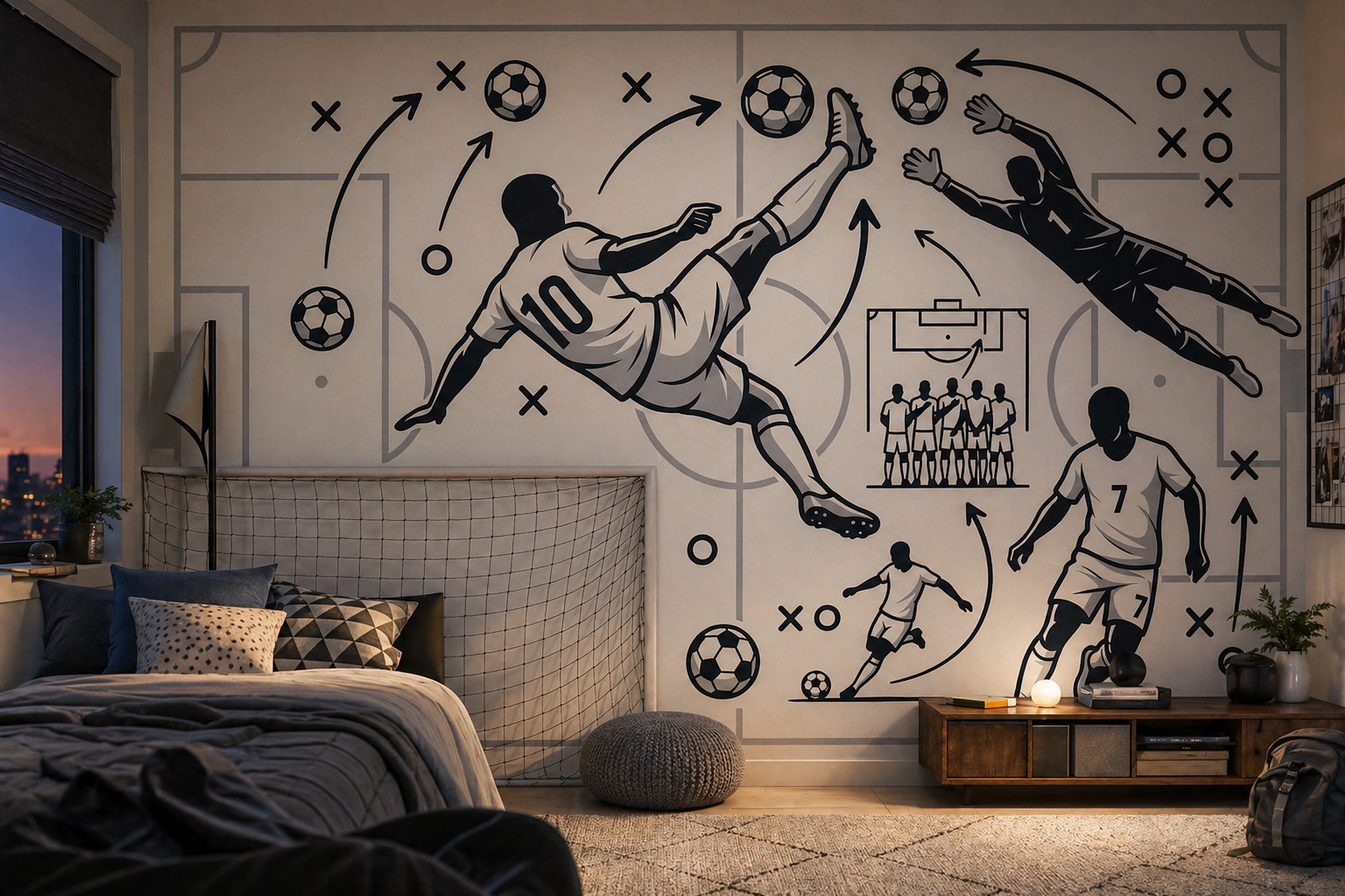 Futbol Taktik Çizimli Poster Duvar Kağıdı Siyah Beyaz Genç Odası
