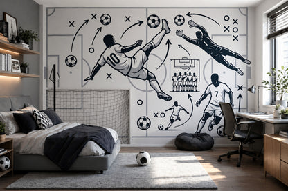 Futbol Taktik Çizimli Poster Duvar Kağıdı Siyah Beyaz Genç Odası