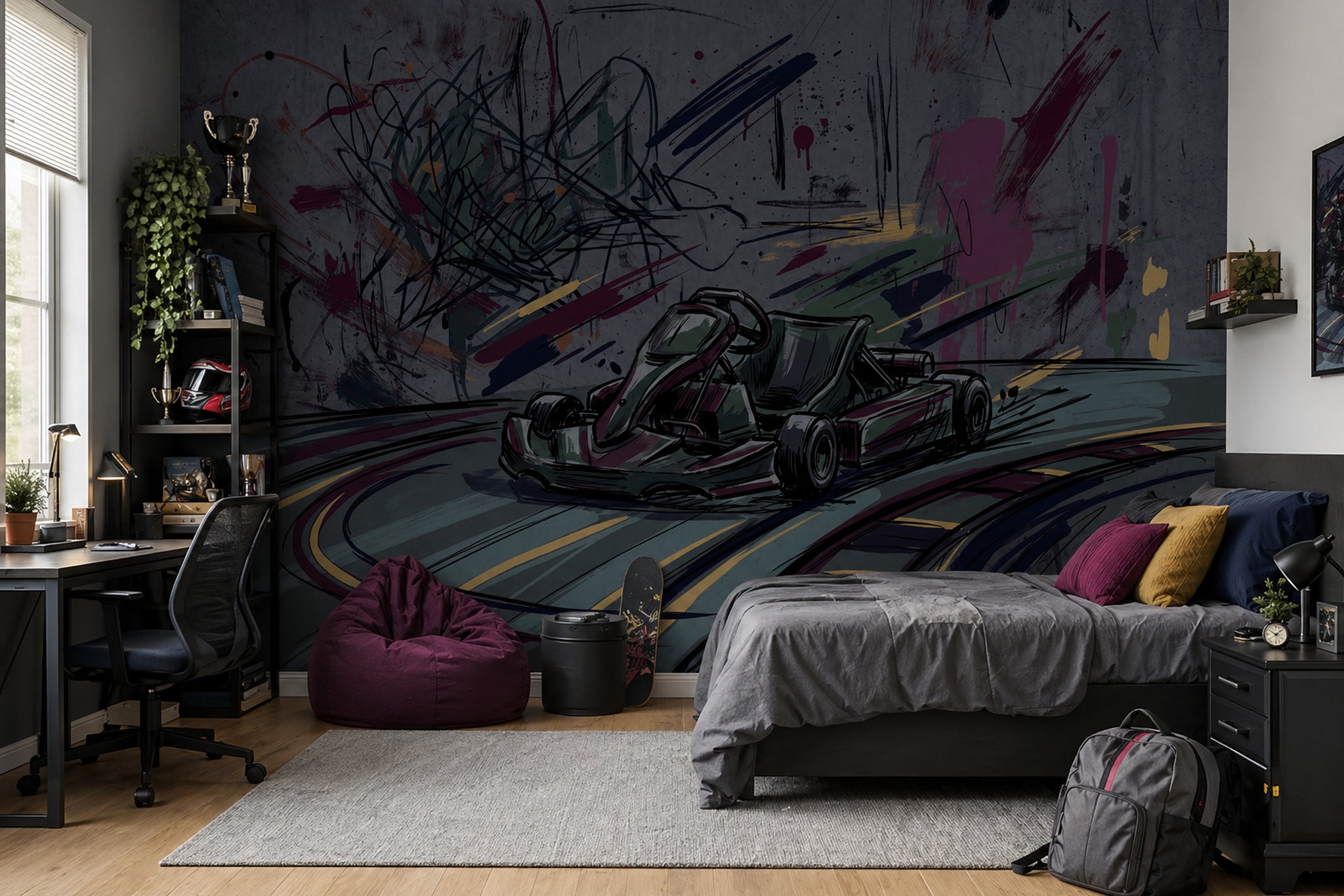 Go Kart Çizimli Poster Duvar Kağıdı Gri Grafiti Genç Odası