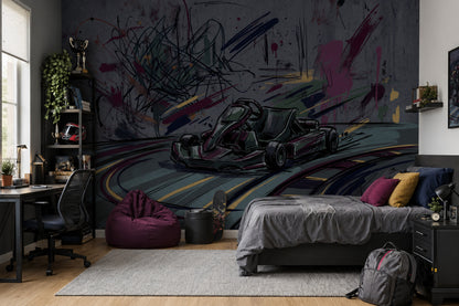 Go Kart Çizimli Poster Duvar Kağıdı Gri Grafiti Genç Odası