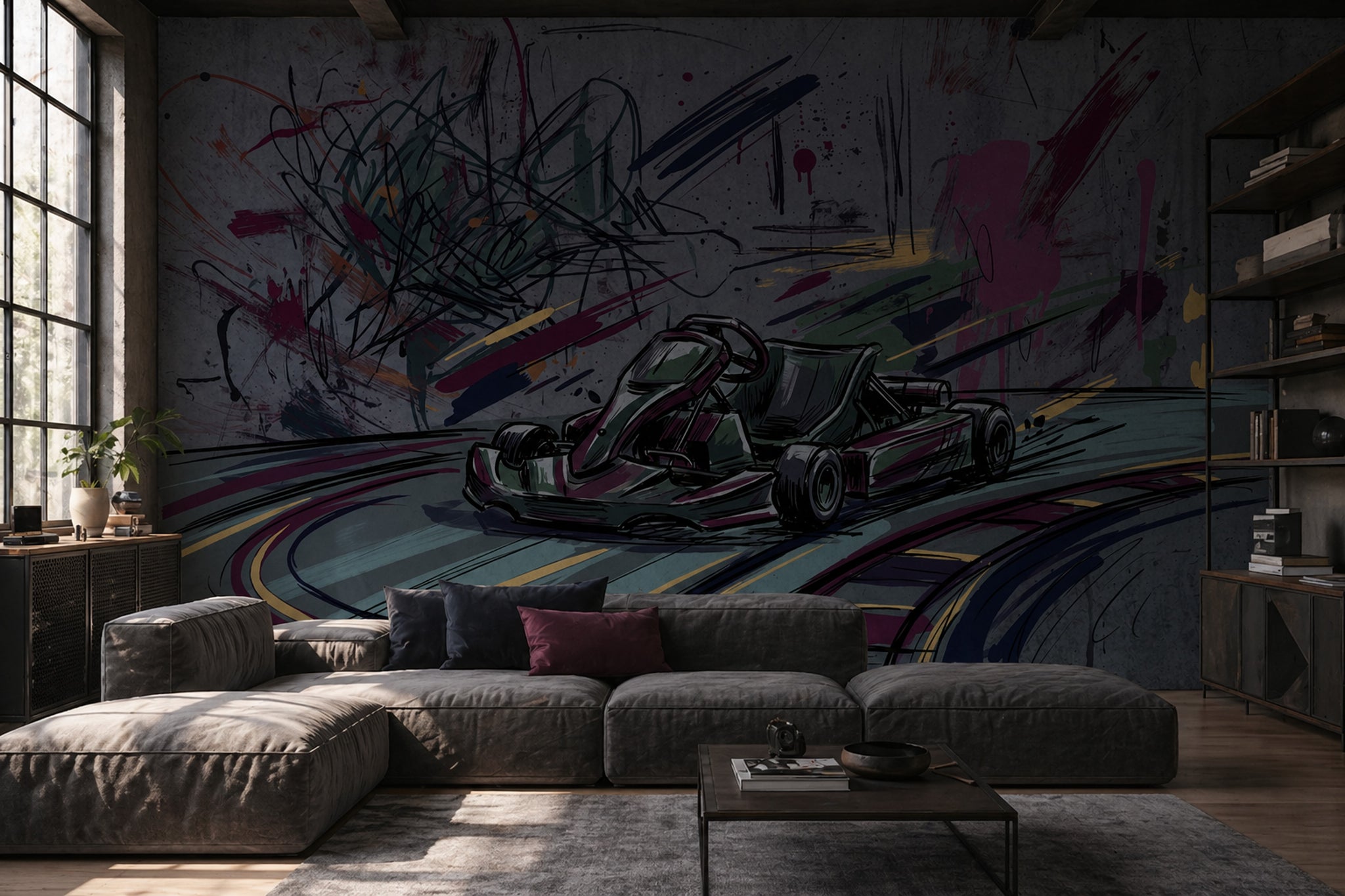 Go Kart Çizimli Poster Duvar Kağıdı Gri Grafiti Genç Odası