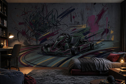 Go Kart Çizimli Poster Duvar Kağıdı Gri Grafiti Genç Odası