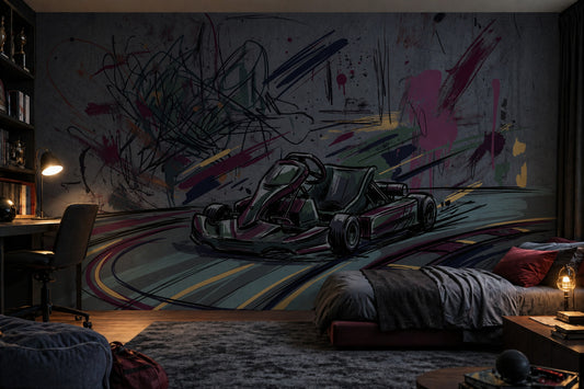 Go Kart Çizimli Poster Duvar Kağıdı Gri Grafiti Genç Odası