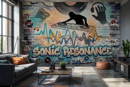 Grafiti DJ Temalı Poster Duvar Kağıdı Renkli Tuğla Duvar