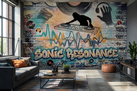 Grafiti DJ Temalı Poster Duvar Kağıdı Renkli Tuğla Duvar