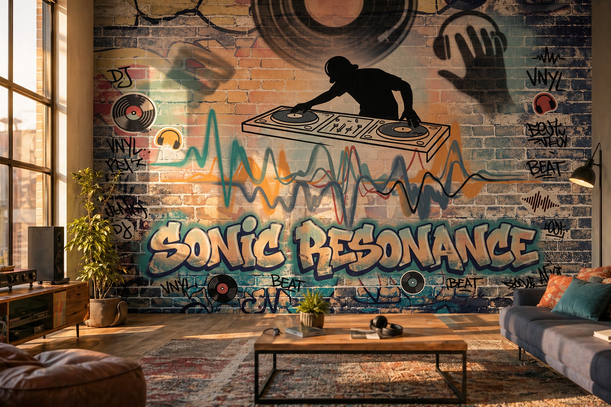 Grafiti DJ Temalı Poster Duvar Kağıdı Renkli Tuğla Duvar