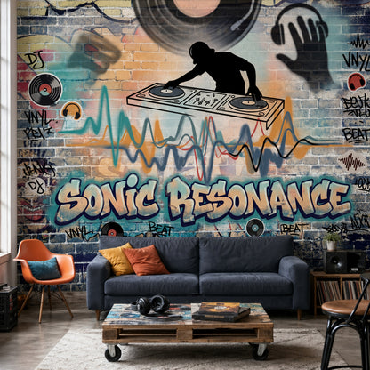 Grafiti DJ Temalı Poster Duvar Kağıdı Renkli Tuğla Duvar
