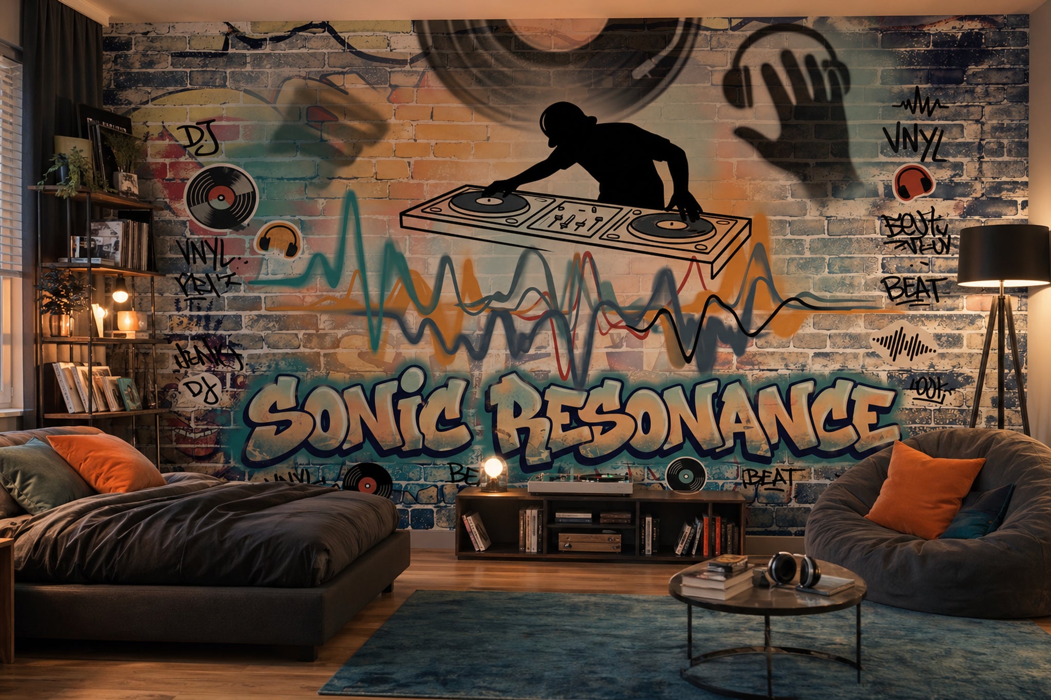 Grafiti DJ Temalı Poster Duvar Kağıdı Renkli Tuğla Duvar