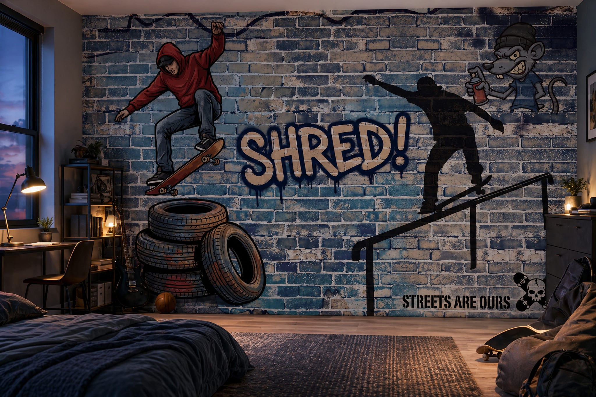 Graffiti Kaykay Temalı Poster Duvar Kağıdı Mavi Tuğla Genç Odası