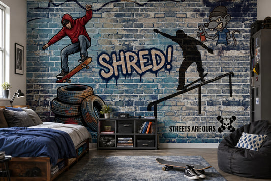 Graffiti Kaykay Temalı Poster Duvar Kağıdı Mavi Tuğla Genç Odası