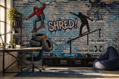 Graffiti Kaykay Temalı Poster Duvar Kağıdı Mavi Tuğla Genç Odası