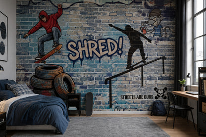 Graffiti Kaykay Temalı Poster Duvar Kağıdı Mavi Tuğla Genç Odası