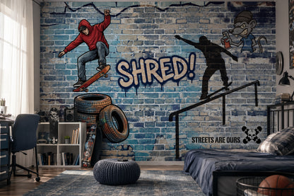 Graffiti Kaykay Temalı Poster Duvar Kağıdı Mavi Tuğla Genç Odası