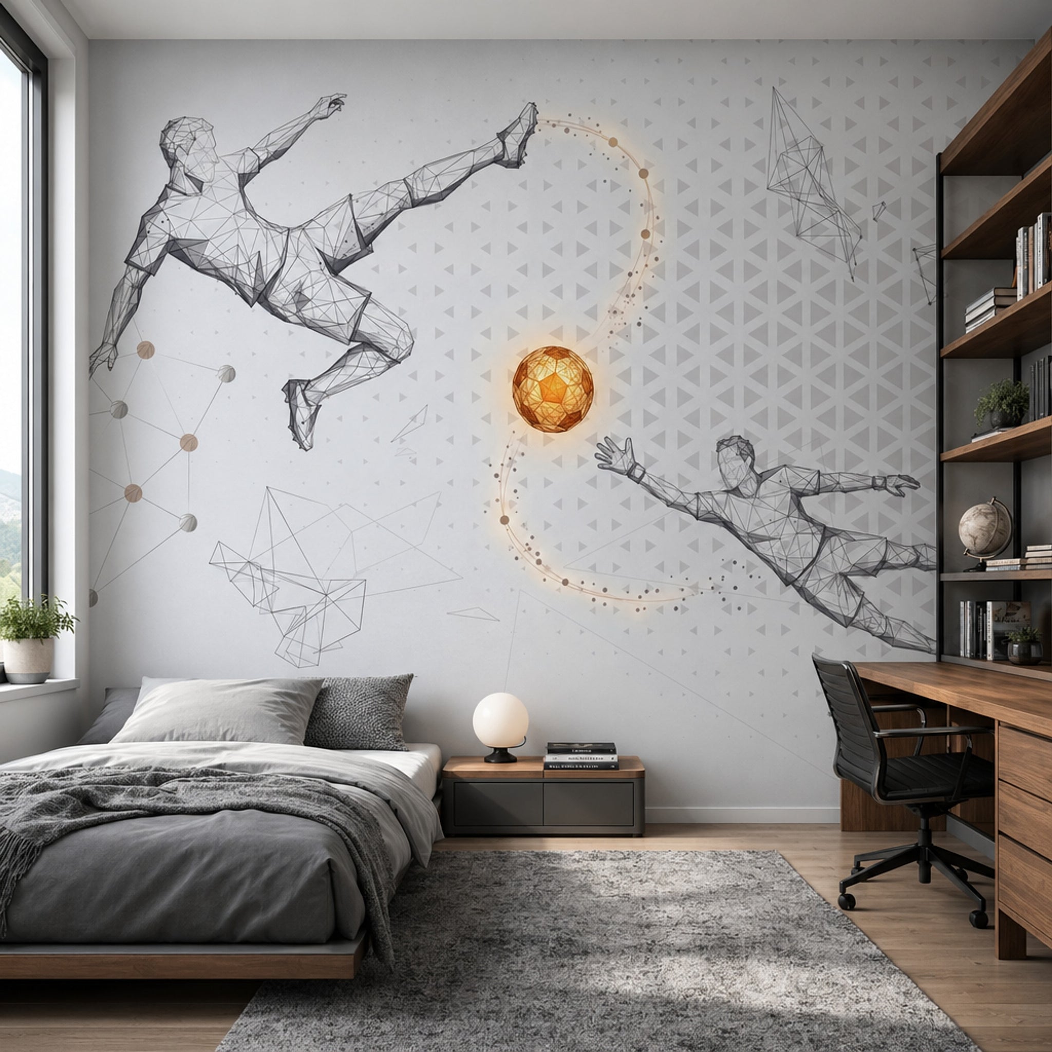 Geometrik Futbolcu Poster Duvar Kağıdı Gri Spor Temalı Genç Odası