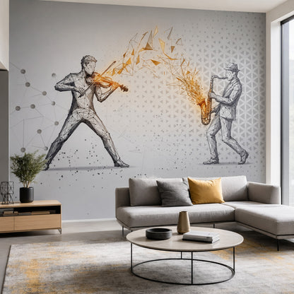 Geometrik Müzisyenler Poster Duvar Kağıdı Gri Altın Salon