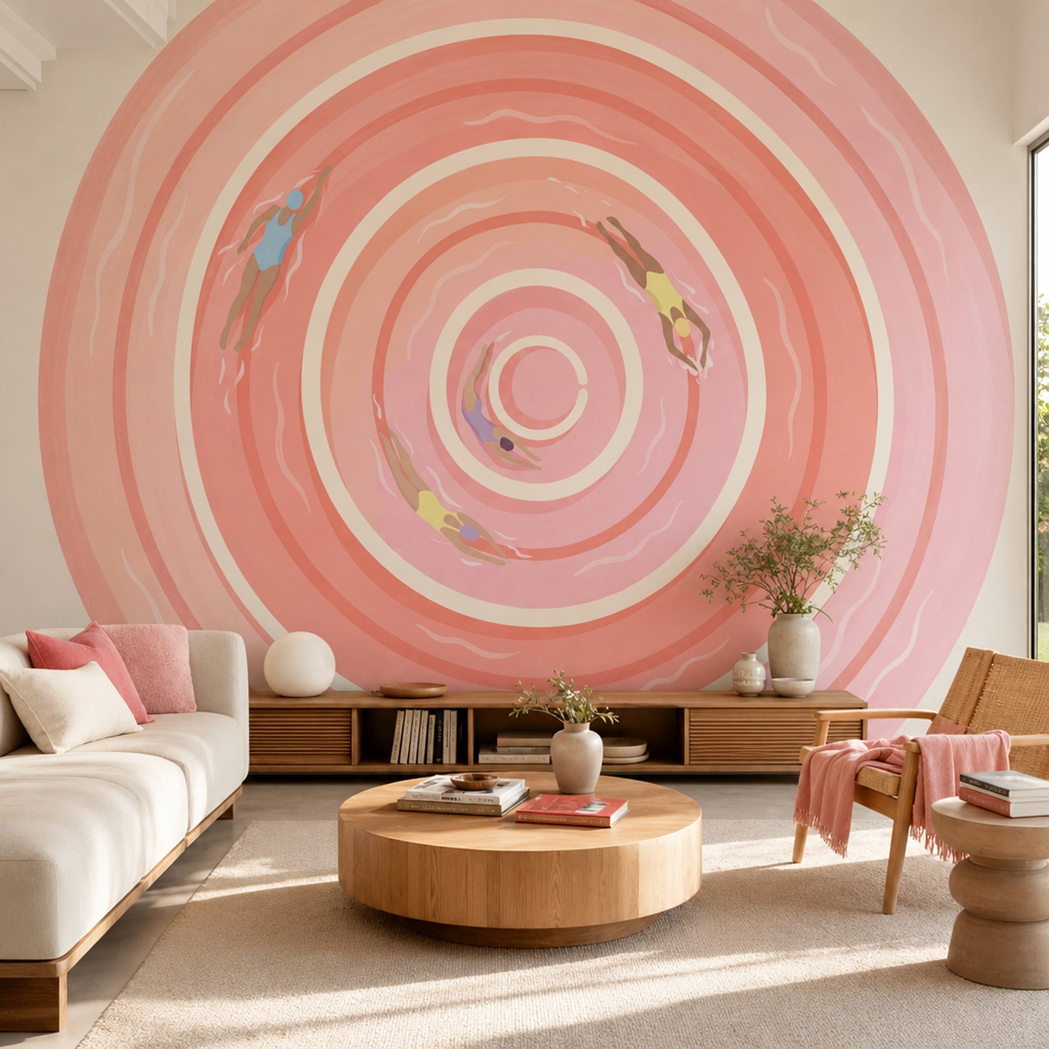 Yüzücü Figürlü Spiral Poster Duvar Kağıdı Pudra Pembe Yatak Odası