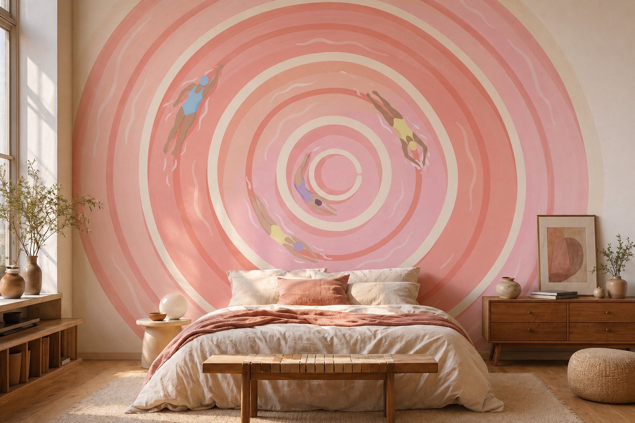 Yüzücü Figürlü Spiral Poster Duvar Kağıdı Pudra Pembe Yatak Odası
