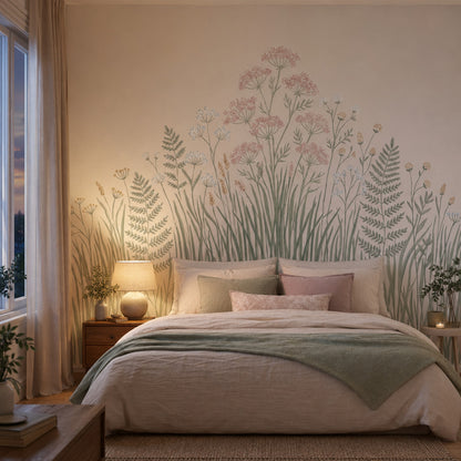 Çayır Çiçekli Poster Duvar Kağıdı Pastel Bej Yatak Odası