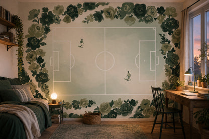 Güllü Futbol Sahası Poster Duvar Kağıdı Yeşil Genç Odası