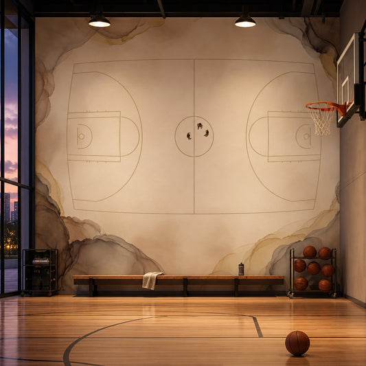 Basketbol Sahası Çizimli Poster Duvar Kağıdı Bej Spor Teması