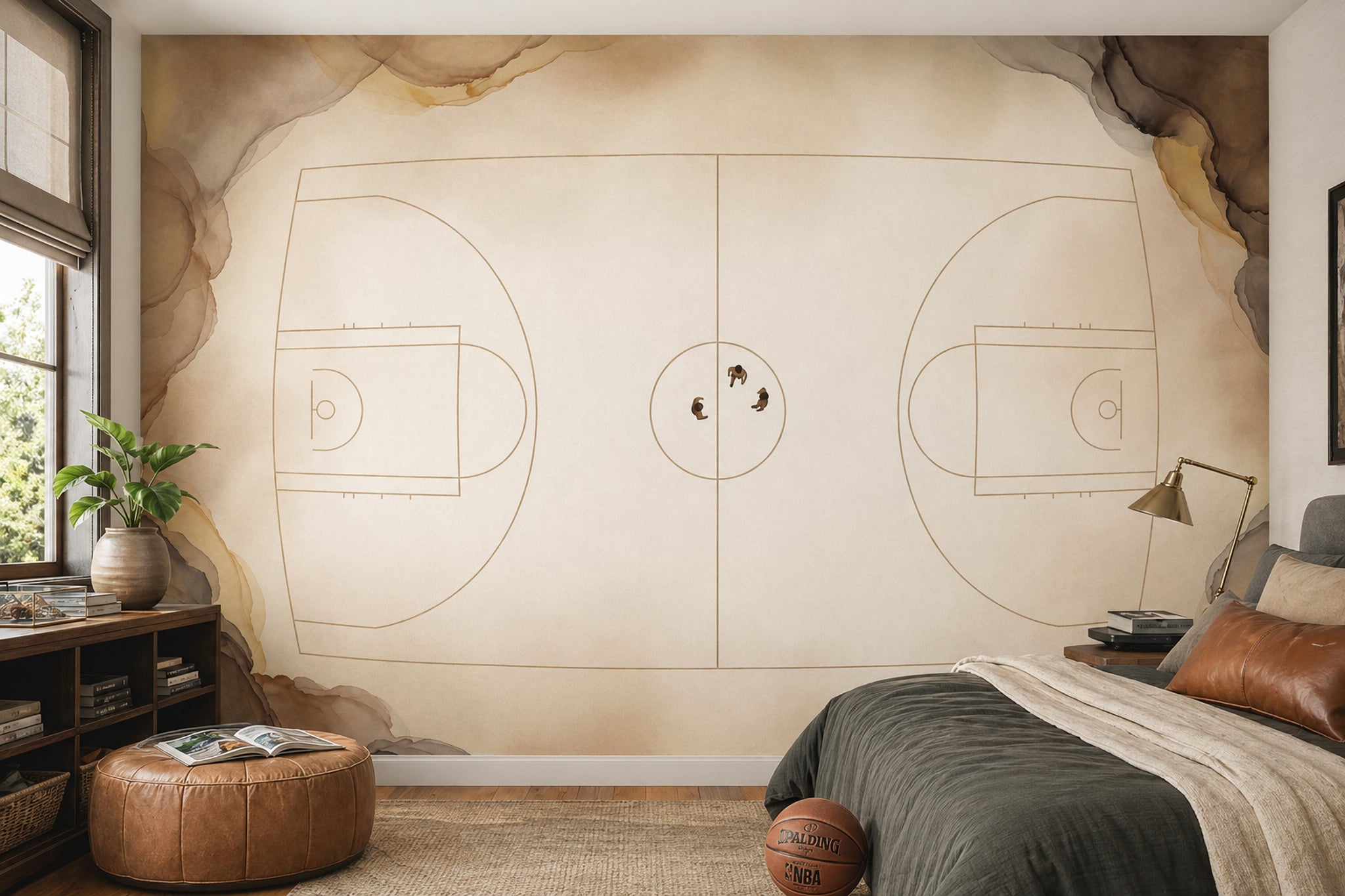 Basketbol Sahası Çizimli Poster Duvar Kağıdı Bej Spor Teması