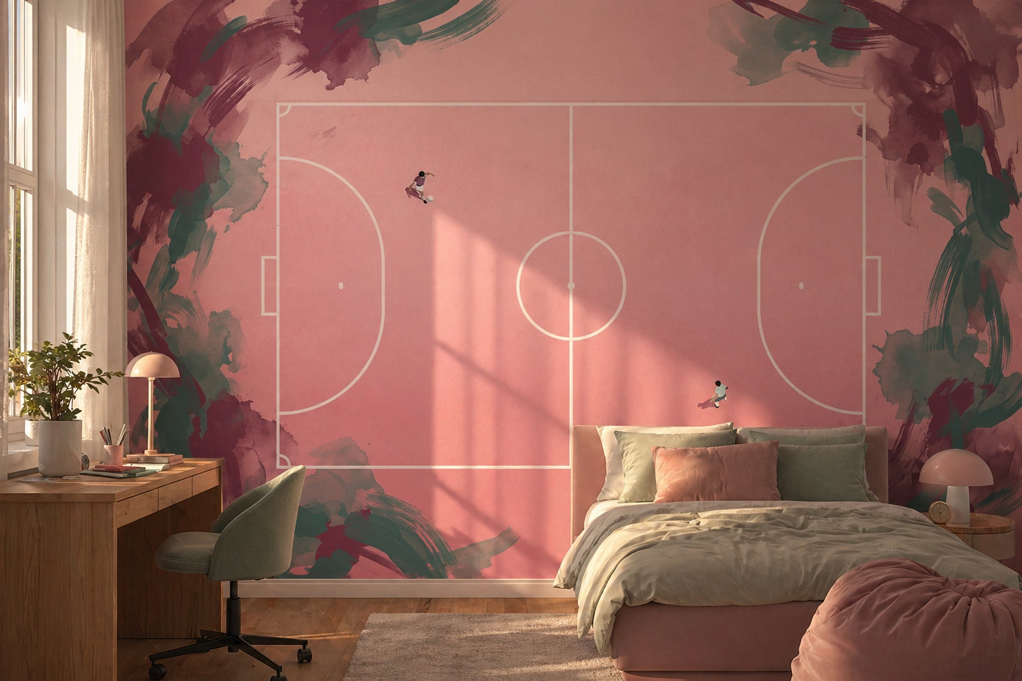 Futbol Sahası Poster Duvar Kağıdı Pembe Suluboya Desenli