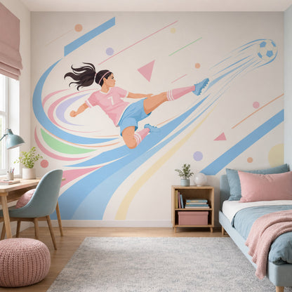 Futbolcu Kız İllüstrasyonlu Poster Duvar Kağıdı Pastel Çocuk Odası