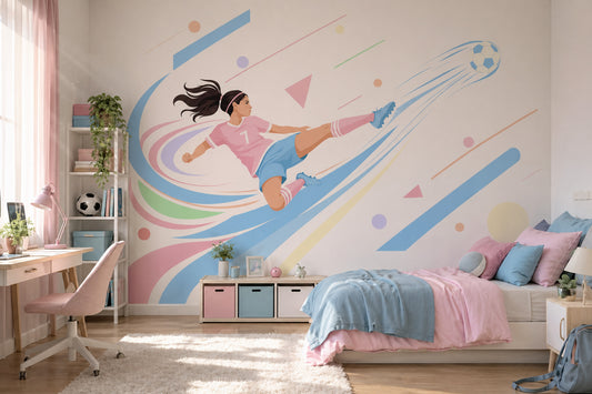 Futbolcu Kız İllüstrasyonlu Poster Duvar Kağıdı Pastel Çocuk Odası
